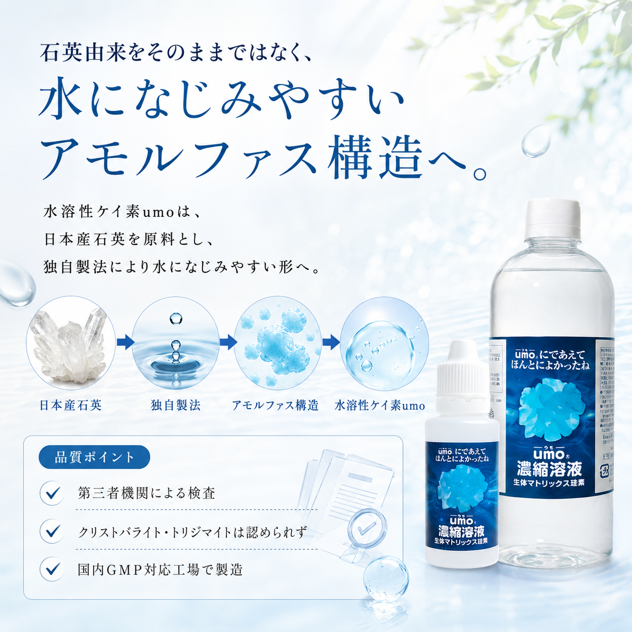 水溶性ケイ素umo 日本産石英を原料にアモルファス構造へ 第三者機関検査 国内GMP工場