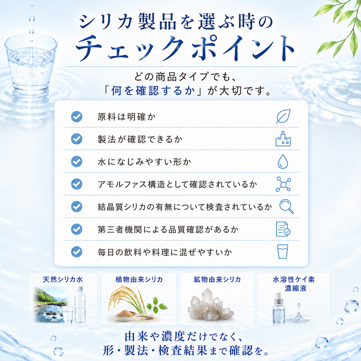 シリカ製品を選ぶ時のチェックポイント 原料 製法 水になじみやすい形 検査結果を確認